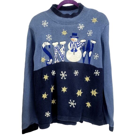 Basic Editions Tow-Tone Blue Christmas Sweater with Snowman Size XL - Picture 1 of 7